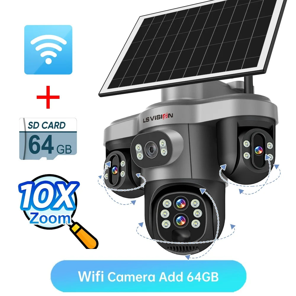 LS VISION 20MP 10X Optical Zoom 4G Solar Camera Outdoor WiFi Three Screen 3PTZ 360° Auto Tracking Security CCTV Camera V380 Pro