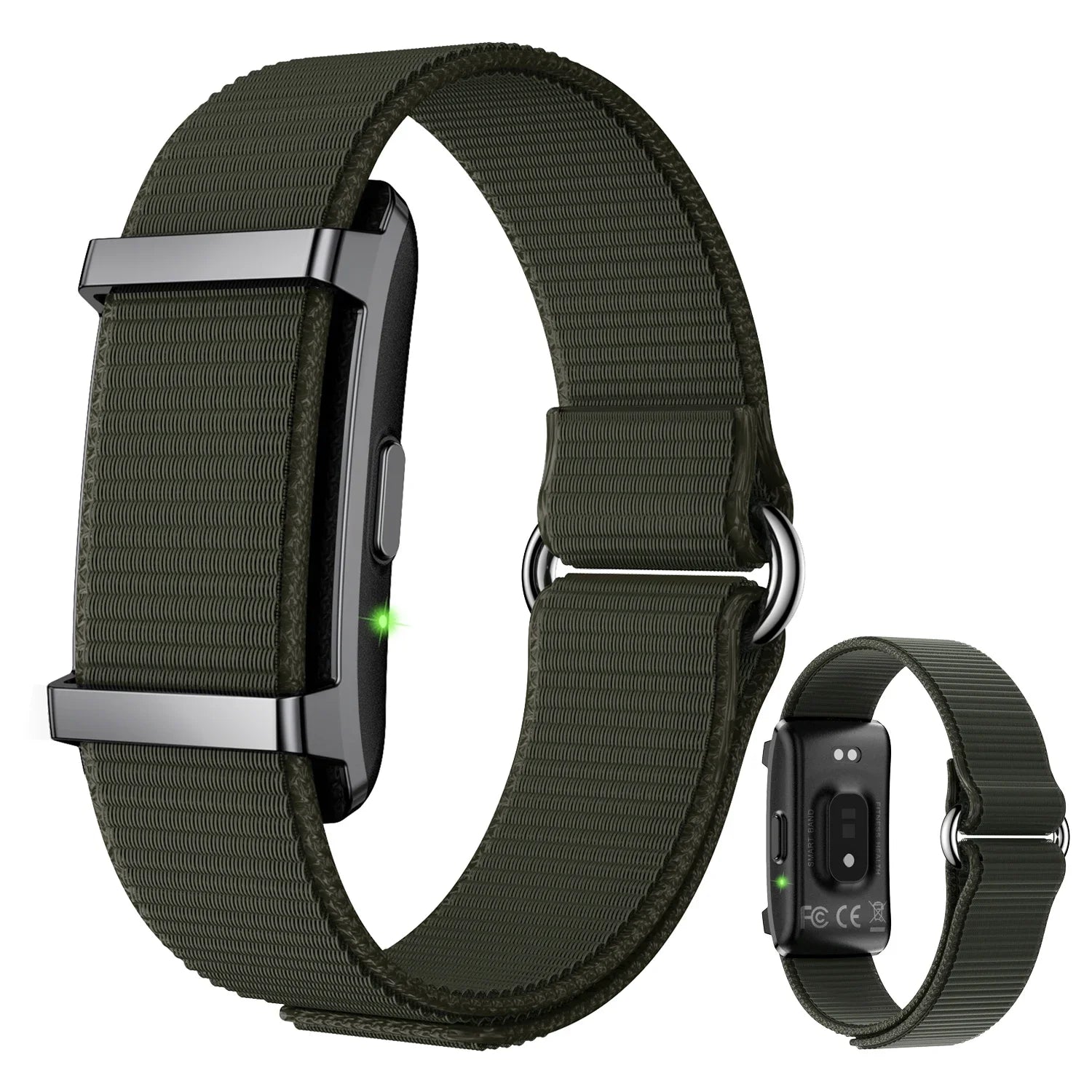 Olive green woven smart watch band with rectangular no-screen fitness tracker module