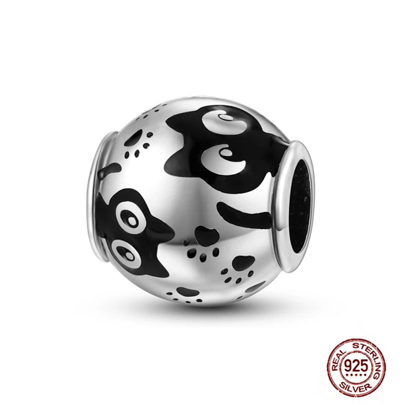 925 sterling silver cat and paw print charm bead for bracelets, perfect for pet lovers DIY jewelry.