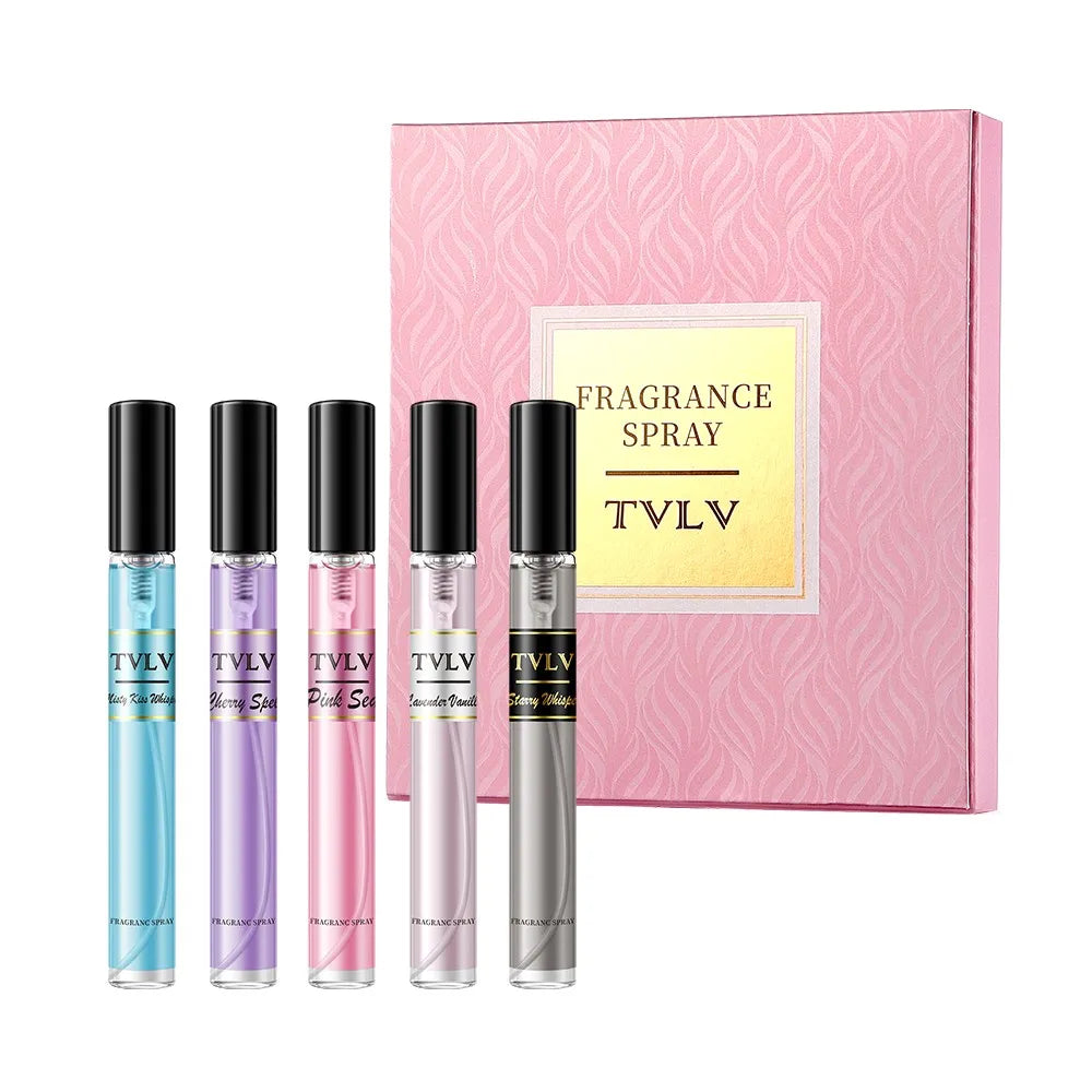 TVLV luxury women’s fragrance set: 5 slim floral, fruity, vanilla perfume sprays in a pink gift box. Long-lasting scent.