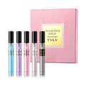 TVLV luxury women’s fragrance set: 5 slim floral, fruity, vanilla perfume sprays in a pink gift box. Long-lasting scent.
