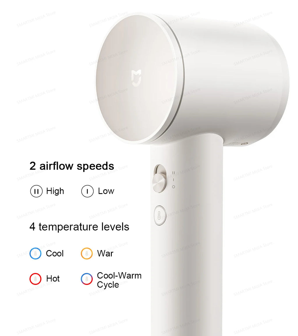 White MIJIA high-speed hair dryer showing ergonomic handle, speed settings, and 4 temperature control modes.