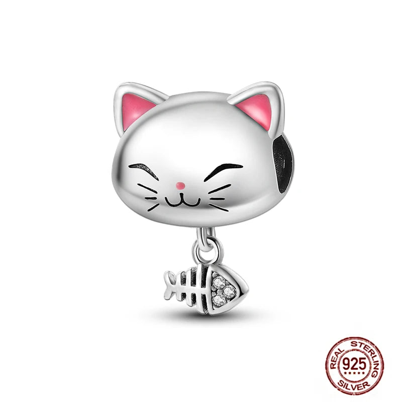 Cute 925 sterling silver cat bead charm with a fish skeleton pendant, perfect for DIY pet-themed charm bracelets.