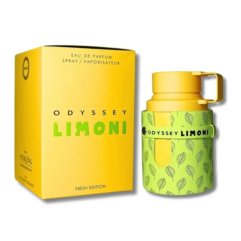 Armaf Odyssey Limoni EDP: 100ml men's cologne, citrus lemon fragrance, unique green leaf bottle design, Dubai luxury.