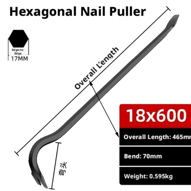 Hexagonal nail puller pry bar with curved claw tip on one end, short shaft