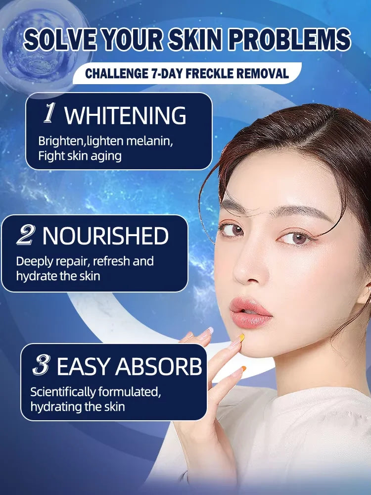 Skincare advertisement featuring a woman, listing benefits: skin whitening, nourishment, and easy absorption.