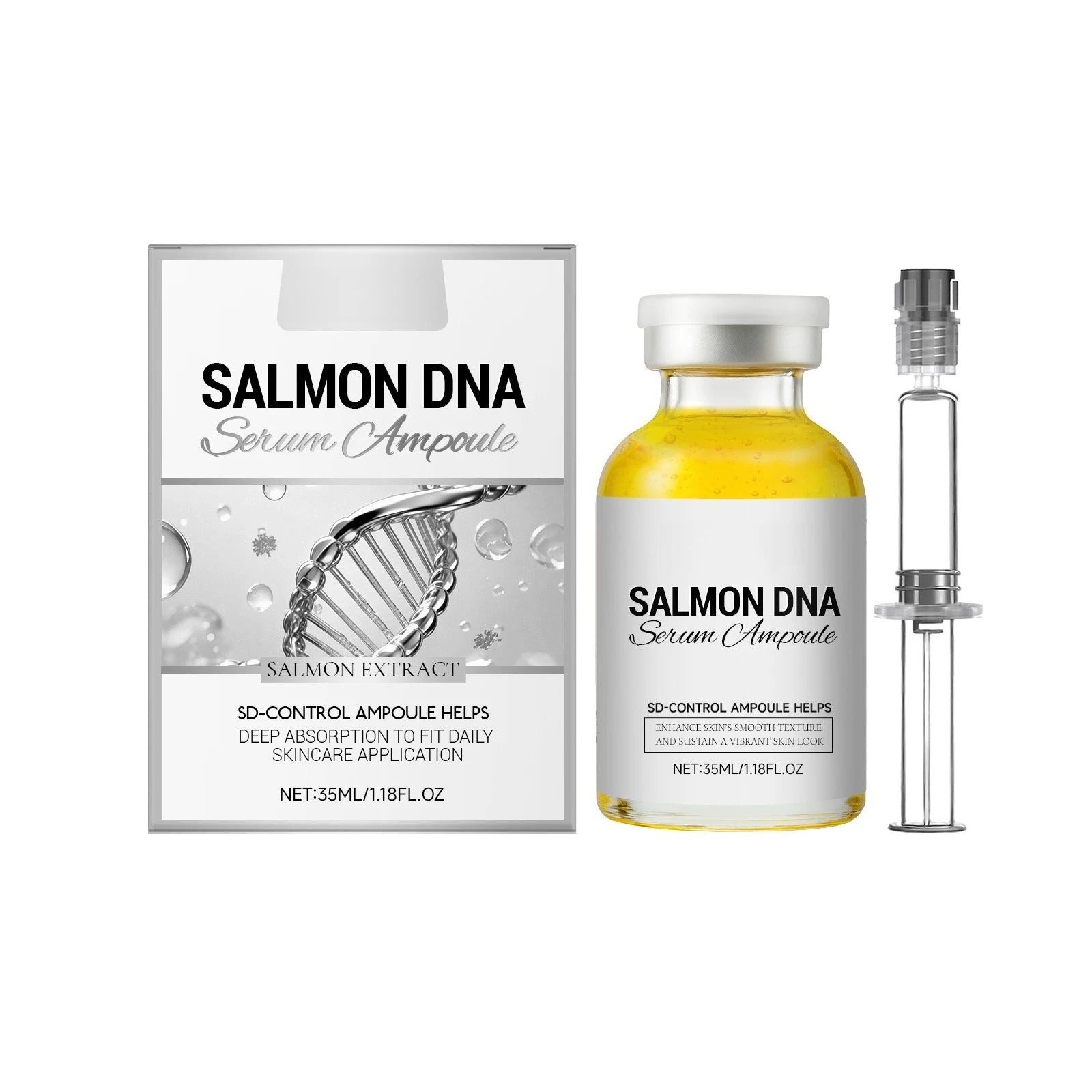 Salmon DNA Serum Ampoule with applicator. Anti-aging skin firming collagen serum in a glass bottle with box packaging.