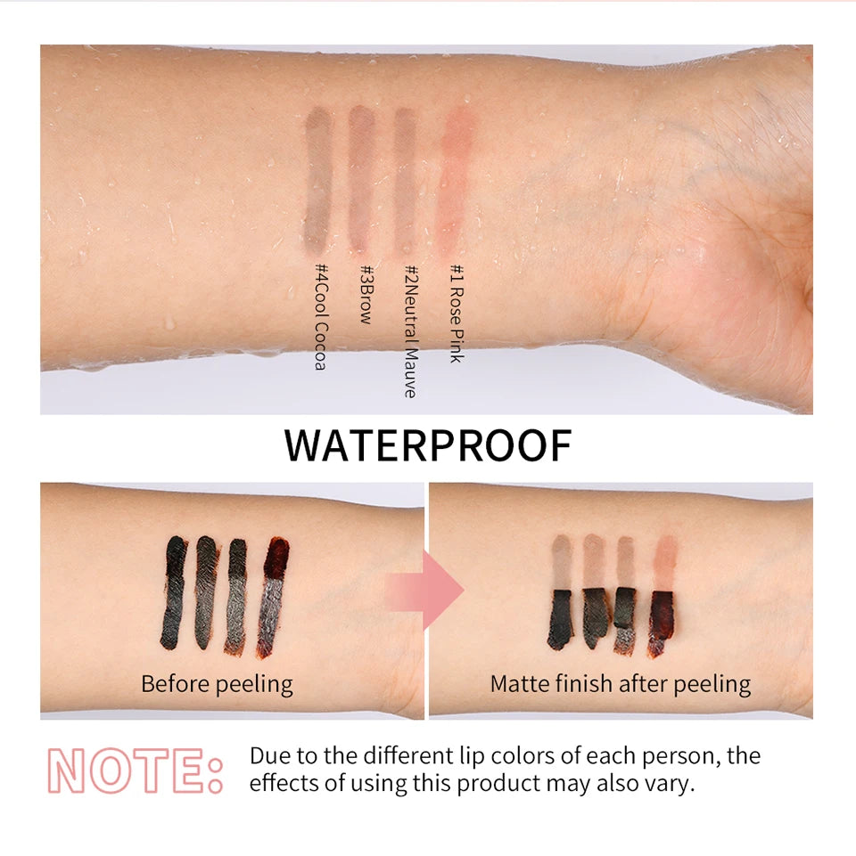 4-color waterproof peel-off lip liner tattoo swatches showing long-lasting matte finish before and after peeling.