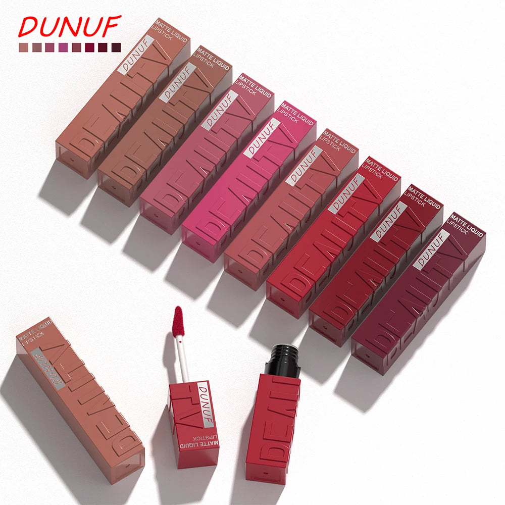 8pc set of DUNUF matte liquid lipstick in a gradient of nude, pink, and red shades with wand applicators.