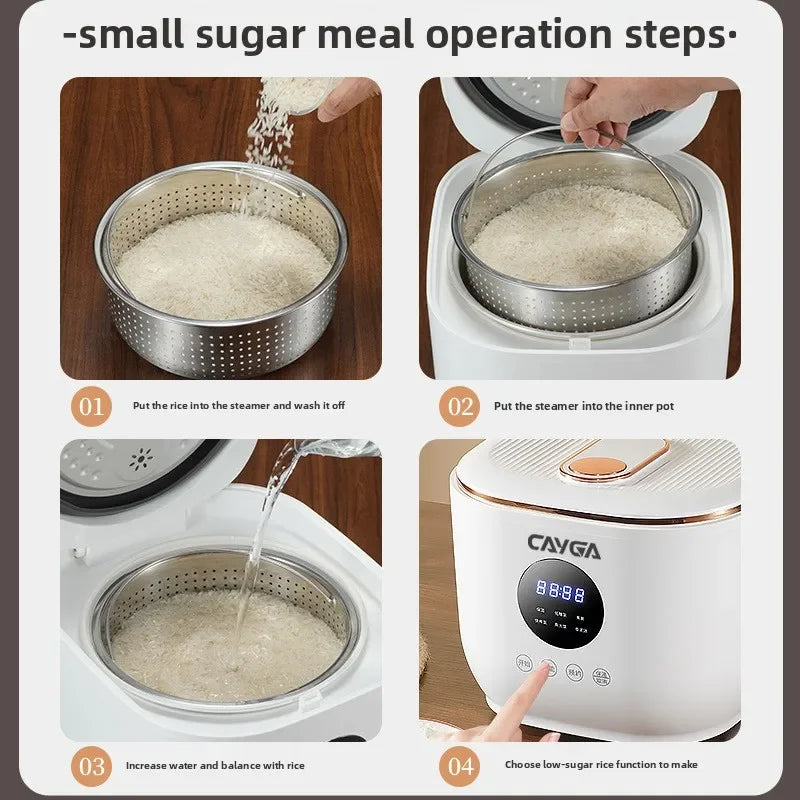 Rice cooker operation steps showing steamer basket in inner pot