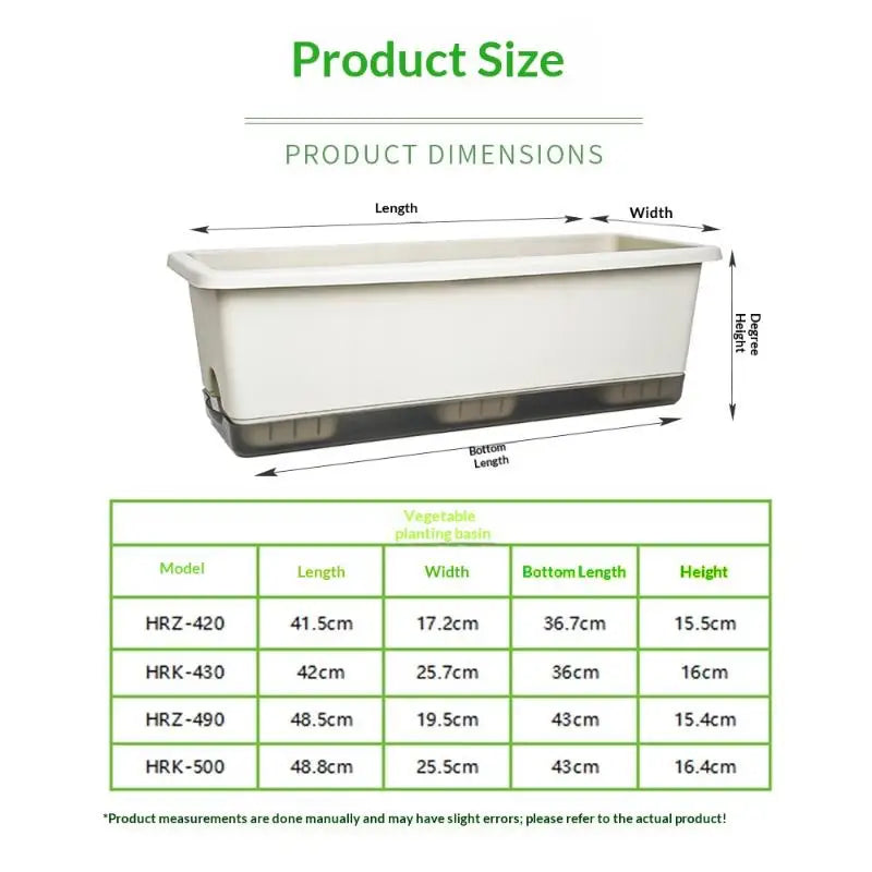 Product size diagram for rectangular self-watering planter box with length, width, height