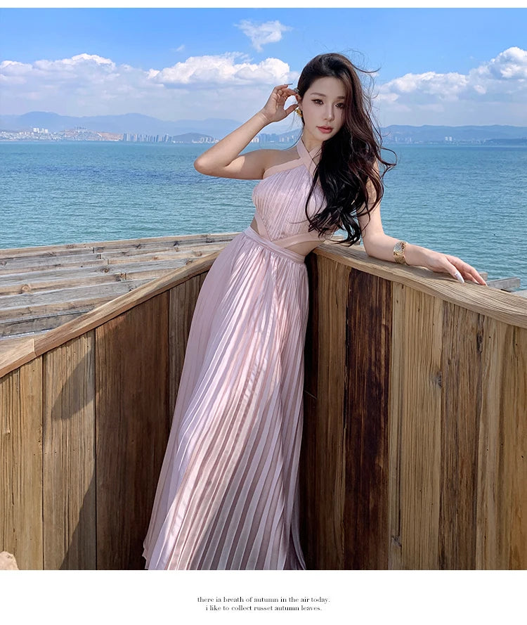 New Sexy Club Birthday Party Pleated Robe Long Dresses Women Summer Halter Neck Sleeveless Off The Shoulder Holiday Beach Dress