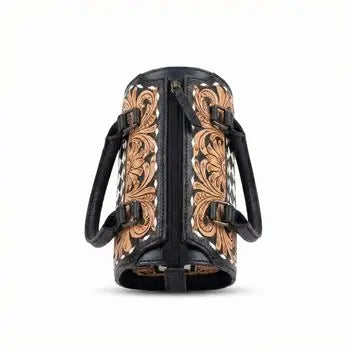 Genuine leather trunk bag with floral tooling, black and white checkerboard side, and durable top-zip closure.