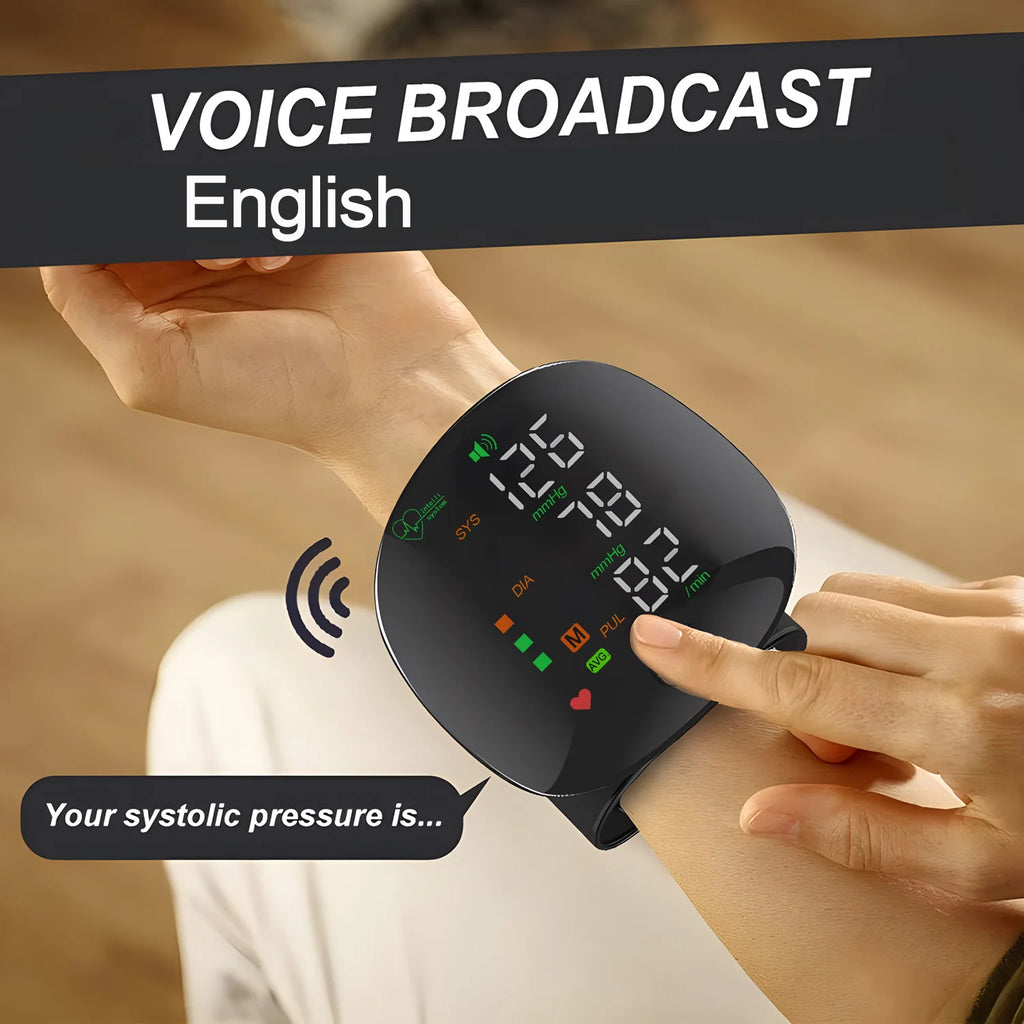 Touch Screen LED Rechargeable Wrist Blood Pressure Monitor English Voice Broadcast Tonometer BP Monitor Pulse