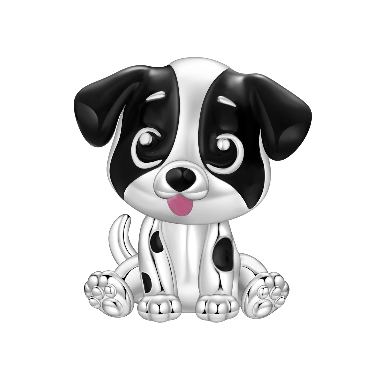 925 sterling silver black and white spotted puppy dog charm bead for DIY bracelets, perfect pet lover gift.