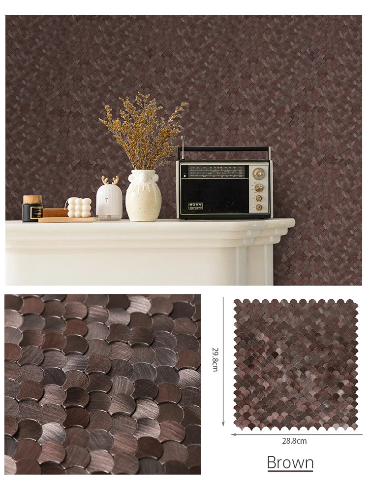 Fan-shaped peel-and-stick backsplash tiles, brown scallop texture