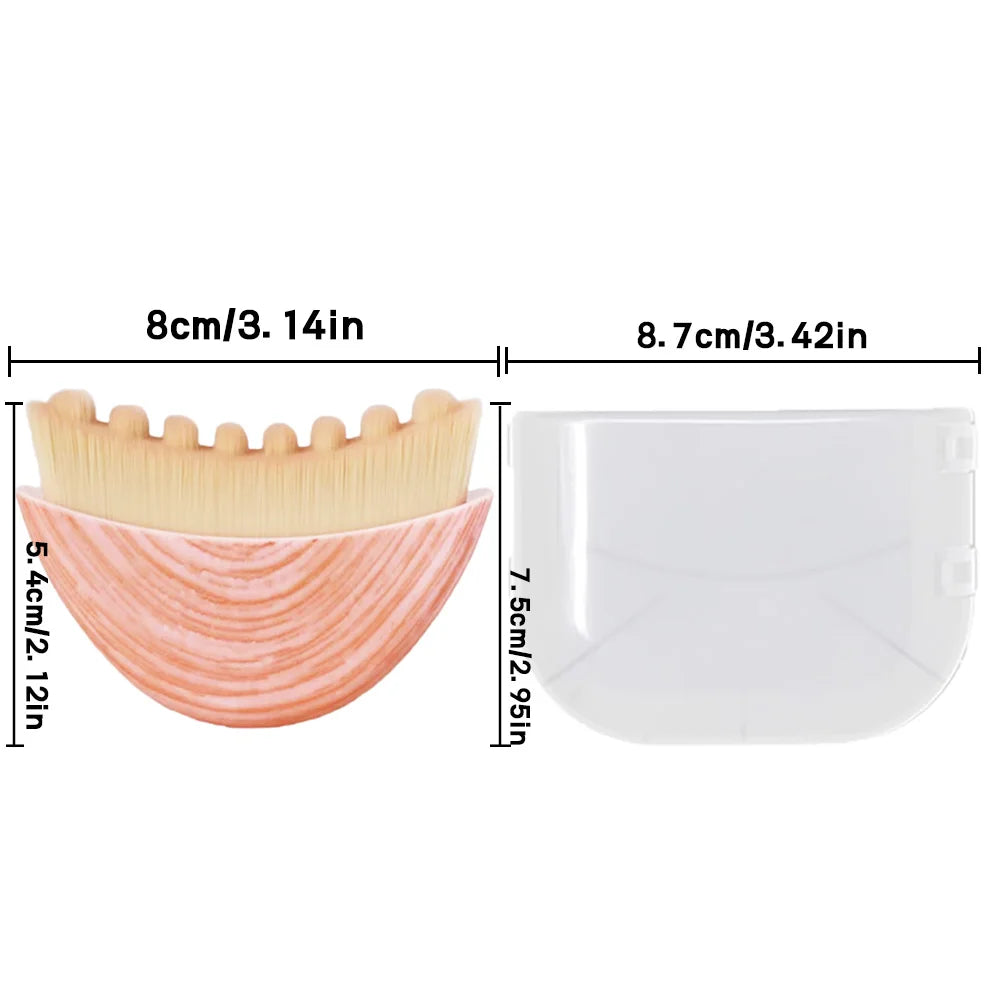 Curved pink massage brush with soft tan bristles, next to a clear plastic storage case with labeled dimensions.