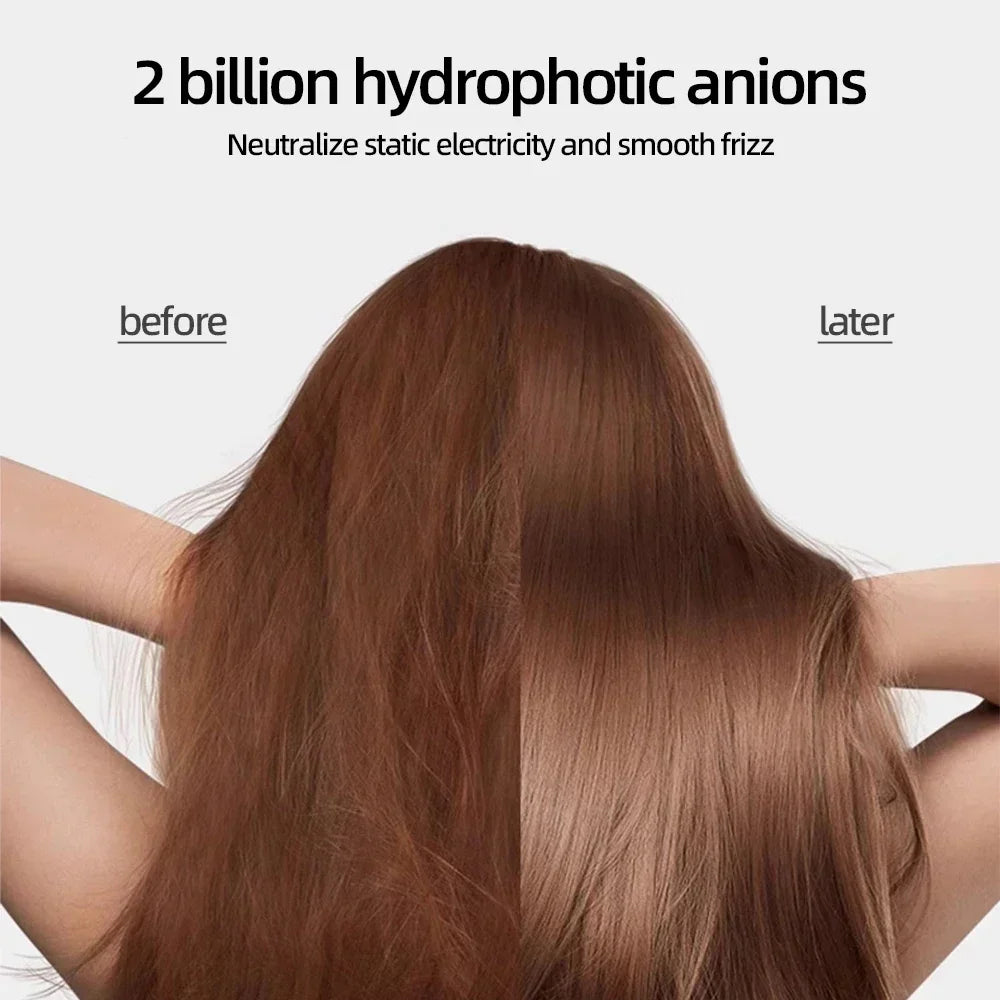 Comparison showing before and after hair frizz reduction using a negative ion high-speed hair dryer for smooth hair.
