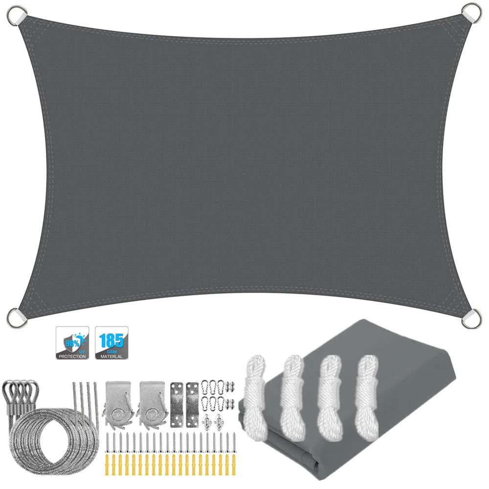 Rectangular waterproof shade sail canopy with corner grommets, dark gray; folded panel shown.
