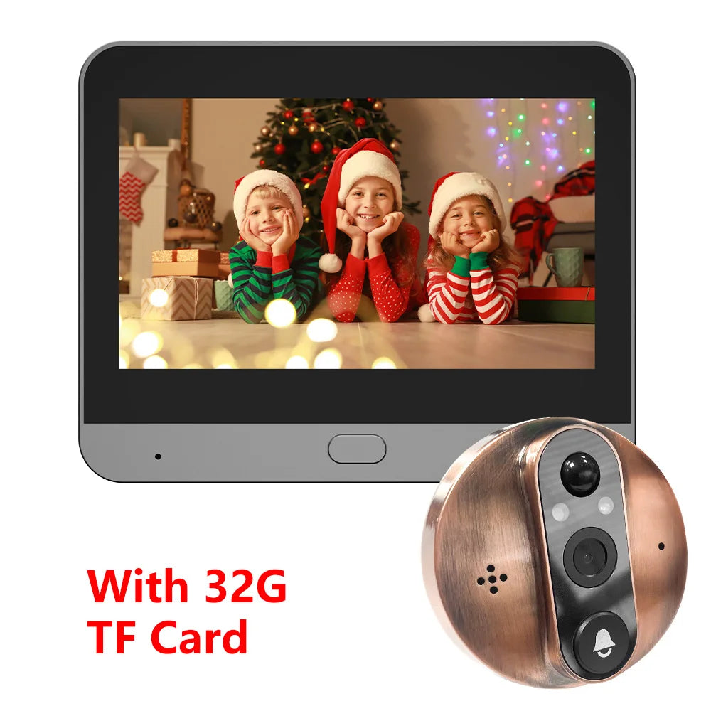 Peephole Wi‑Fi door viewer with brushed metal camera and 32G TF card