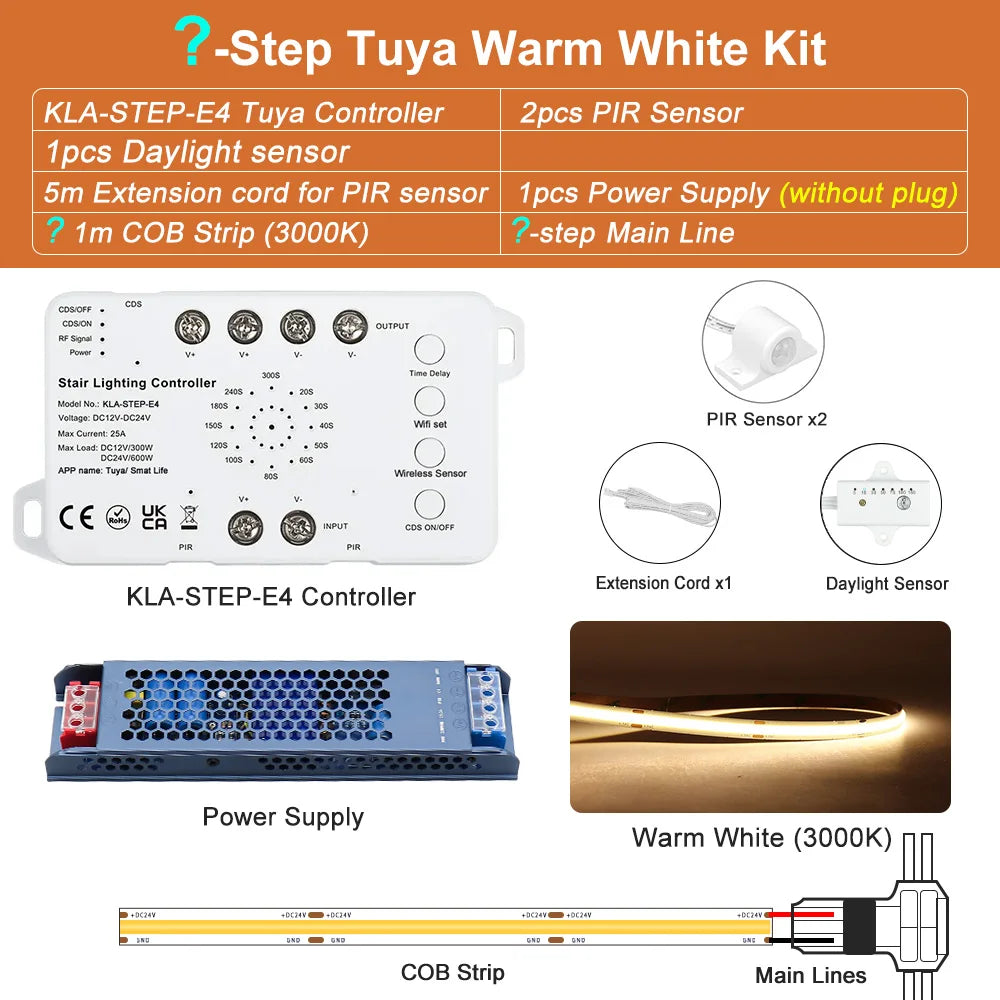 5-30 Steps New Tuya Wifi Staircase Light Kit Motion Sensor Wall Switch Remote APP Control Stair LED Strip Full Set STEP-E4