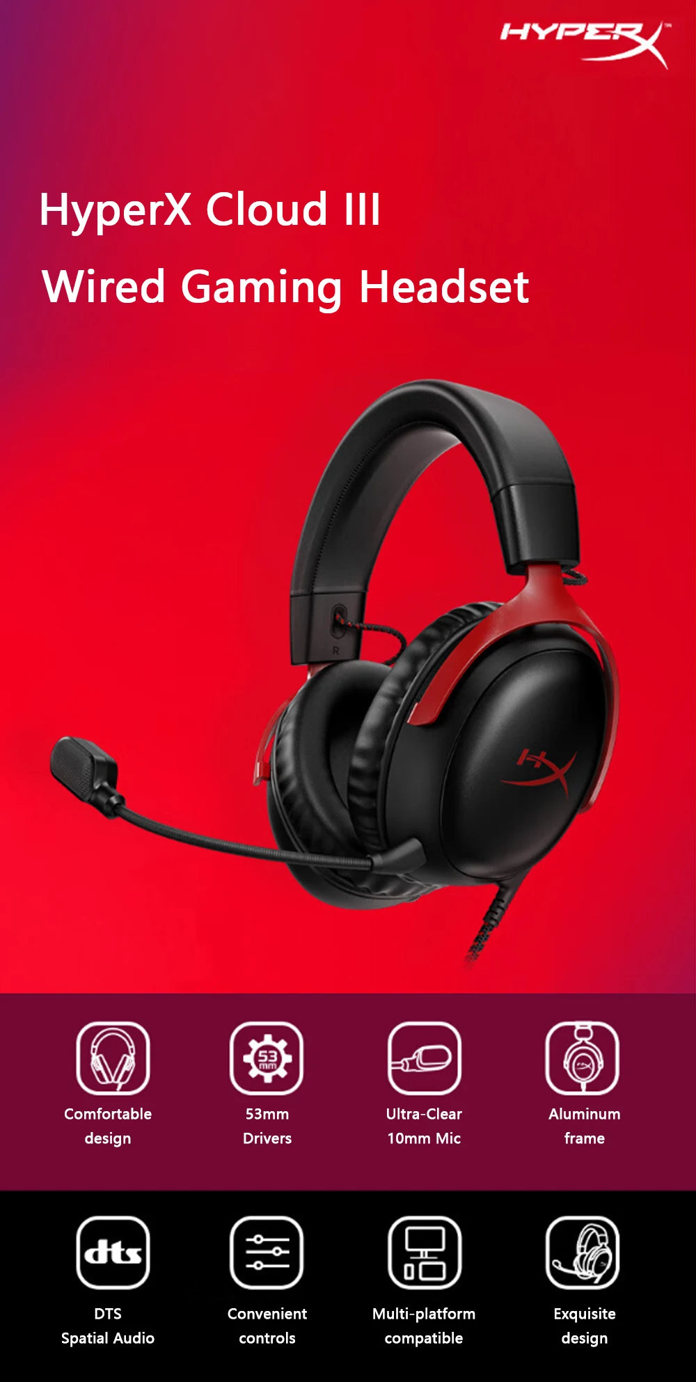 HyperX Cloud III Wired Gaming Headset - DTS Audio Black-Red Tidesmit