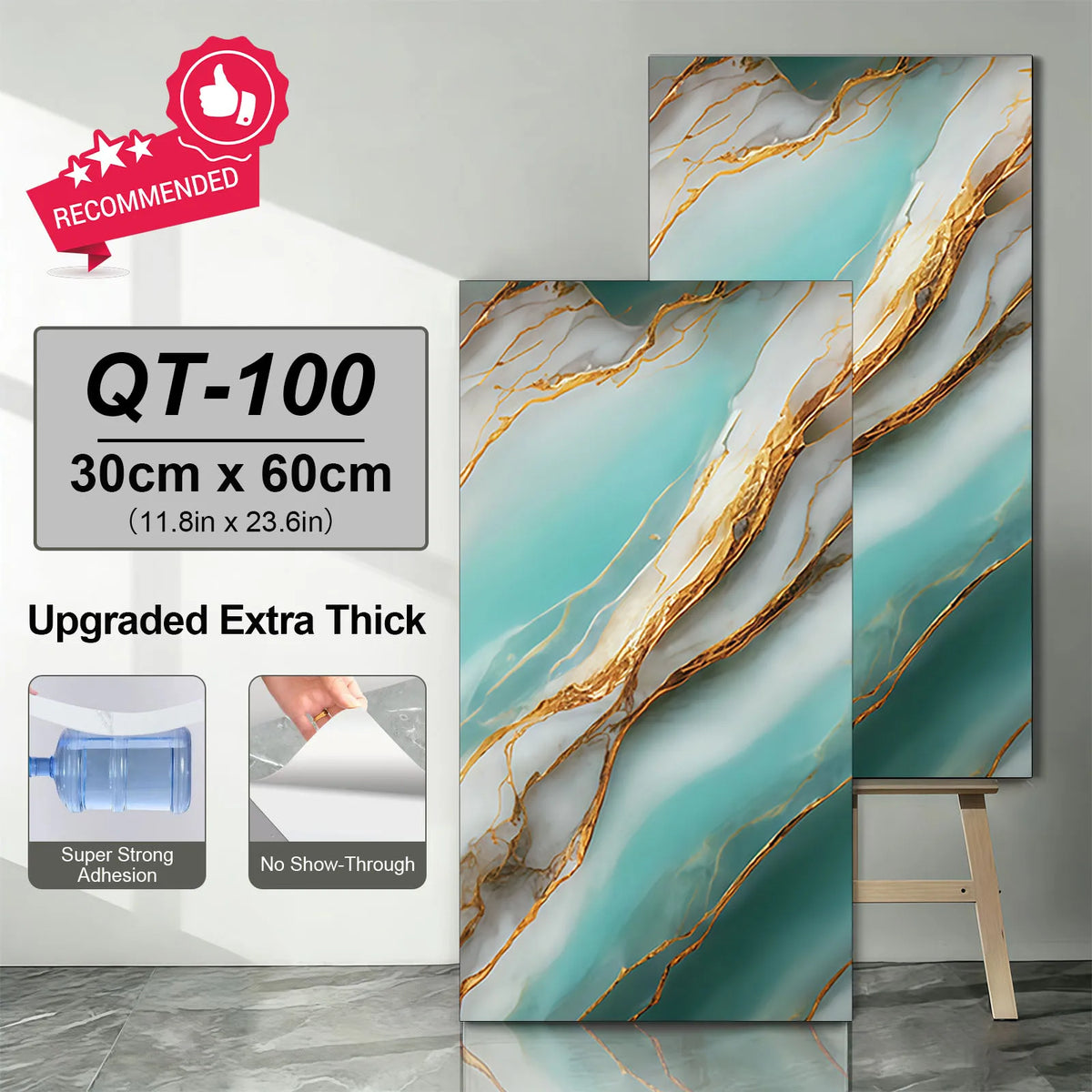 Teal marble-look self-adhesive tile stickers with gold veining, three-panel view