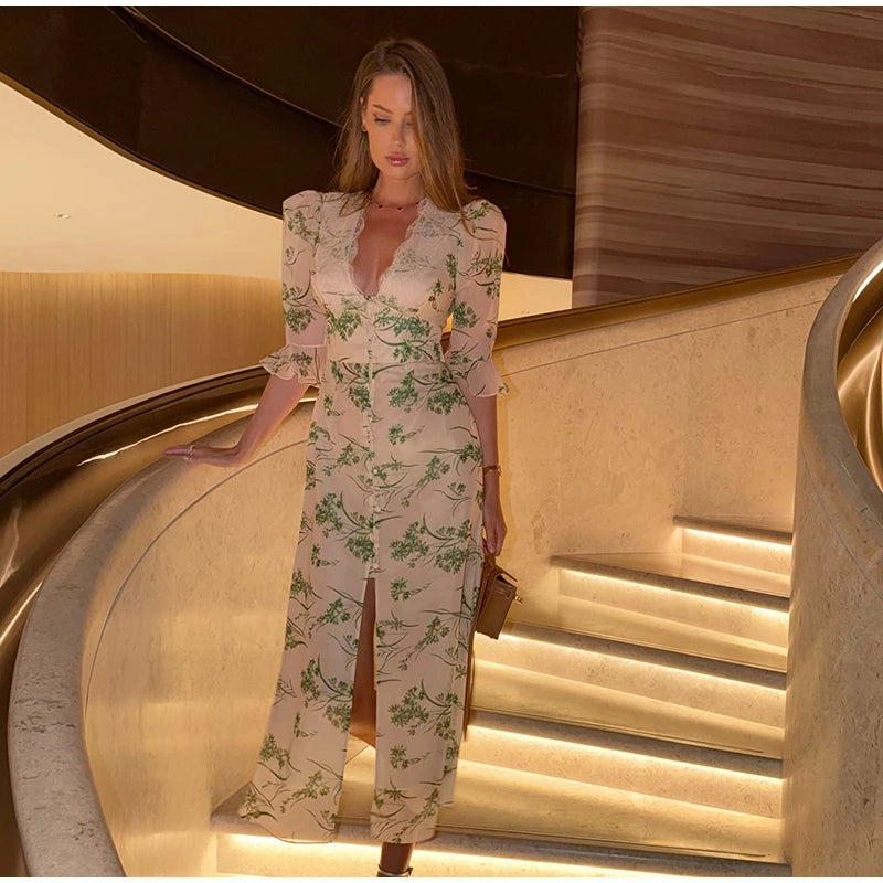 Printed Lace Patchwork Maxi Dress Women V-Neck Half Sleeve Single Breasted Lace Up Long Dresses 2026 Summer All-match Lady Robes