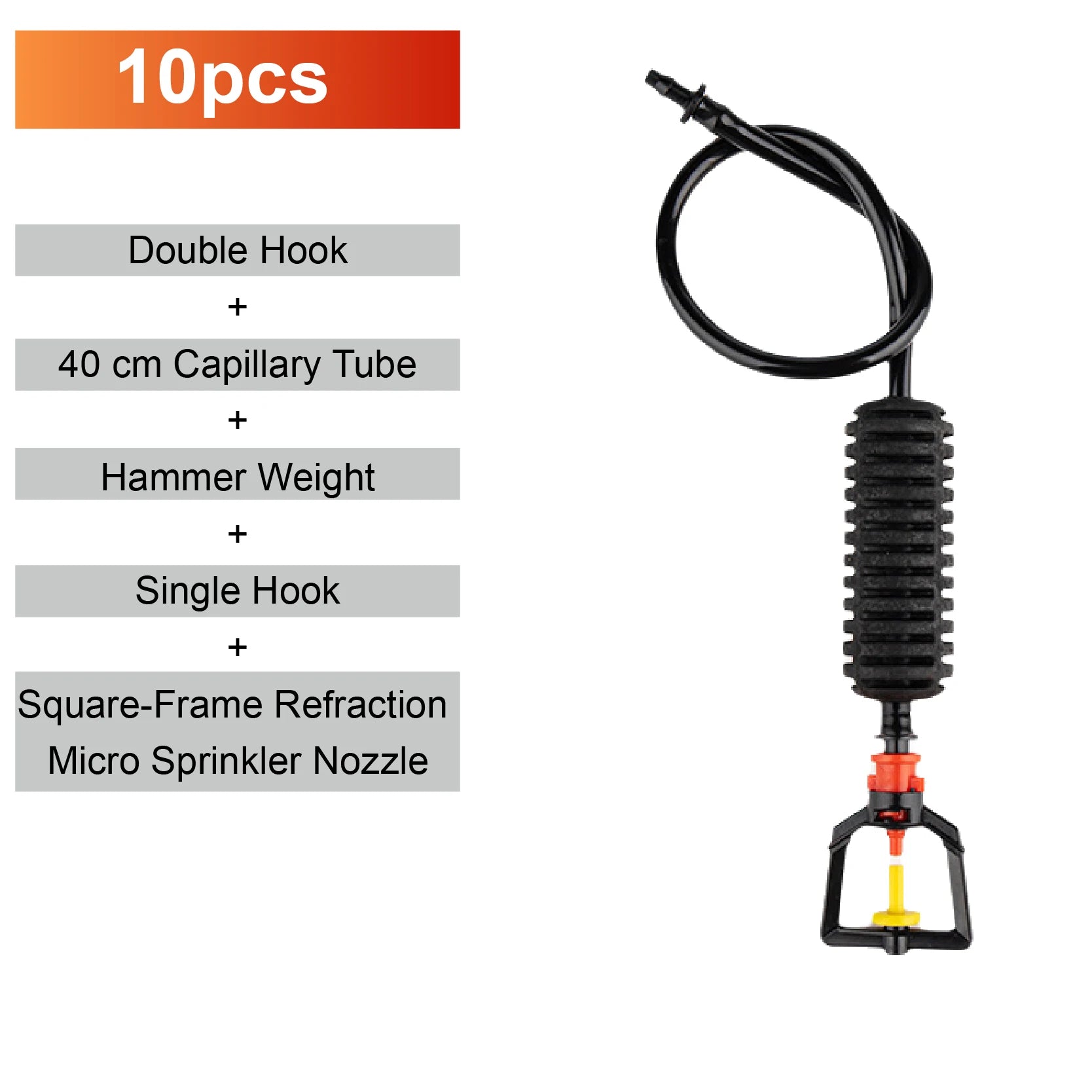 Hanging misting micro sprinkler with black tube, single hook, and square-frame refraction nozzle