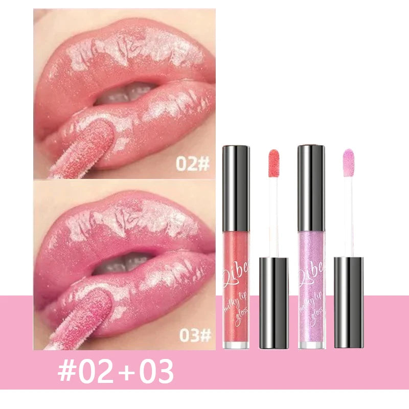Shimmering taro purple and pink lip gloss set with plumping gold sparkle, glassy jelly shine, and moisturizing finish.