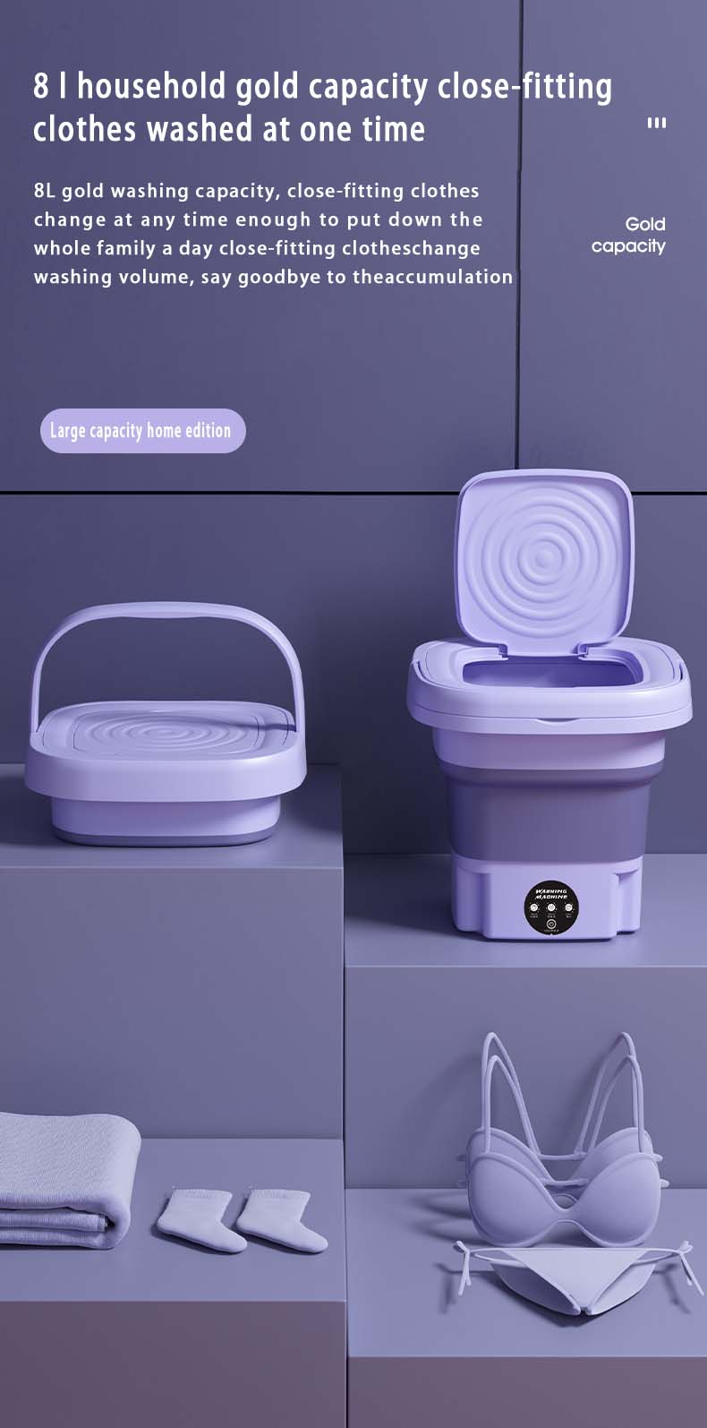 Tidesmit 8L foldable portable washing machine showing retractable design for socks and underwear with spin dry cycle