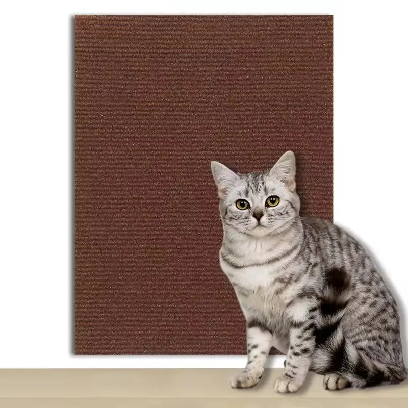 Brown self-adhesive cat scratching mat with cat sitting