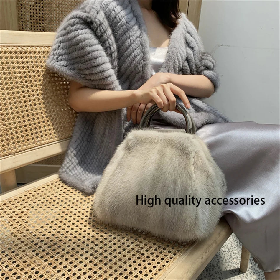 Women's Mink Fur Handbag 2026 New Fashion Designer Fluffy Fur Wrist Bag Large Capacity Soft Shopping Bag Girl Cute Handbag