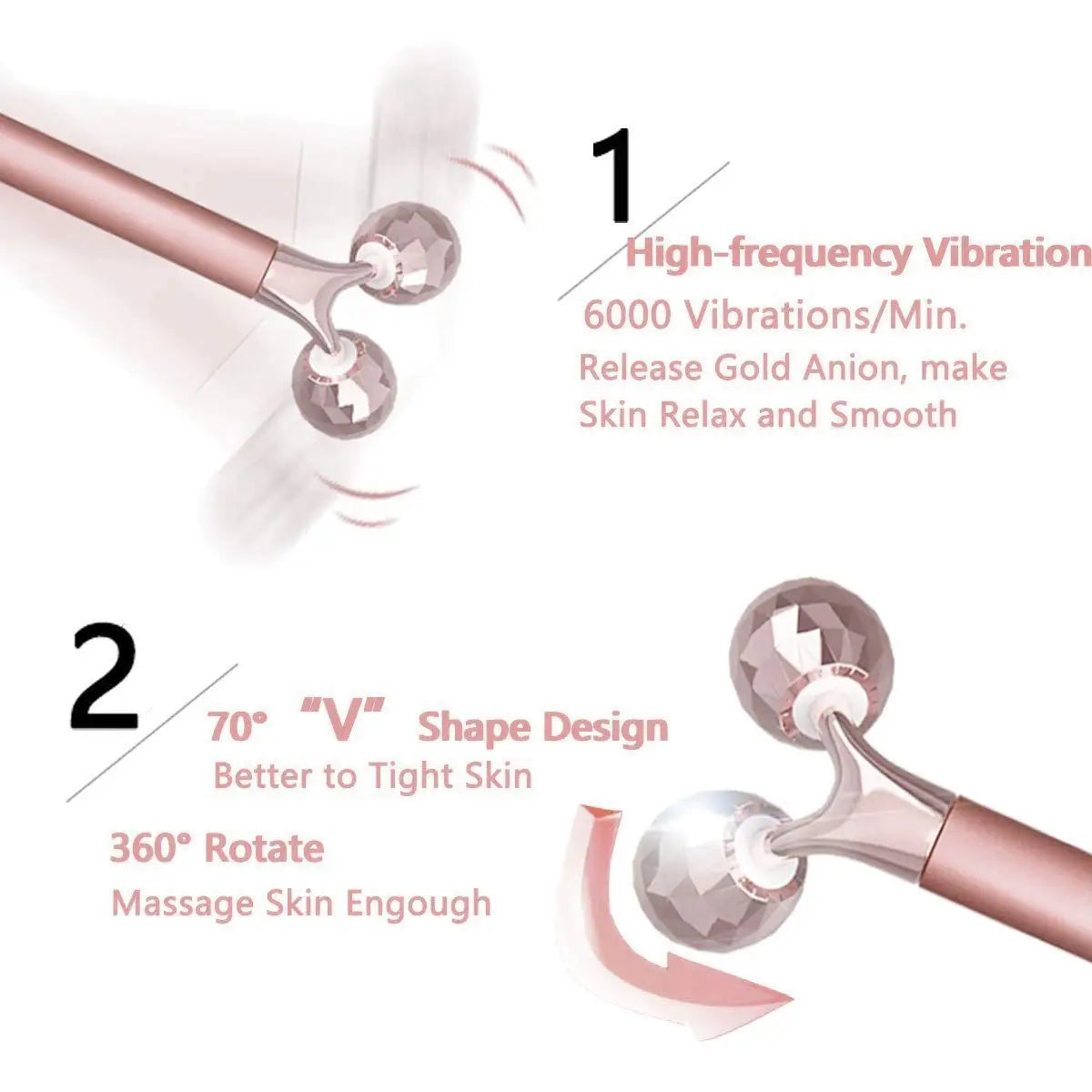 Rose gold 3D facial roller with faceted massage spheres and text highlights for vibration and v-shape design features.