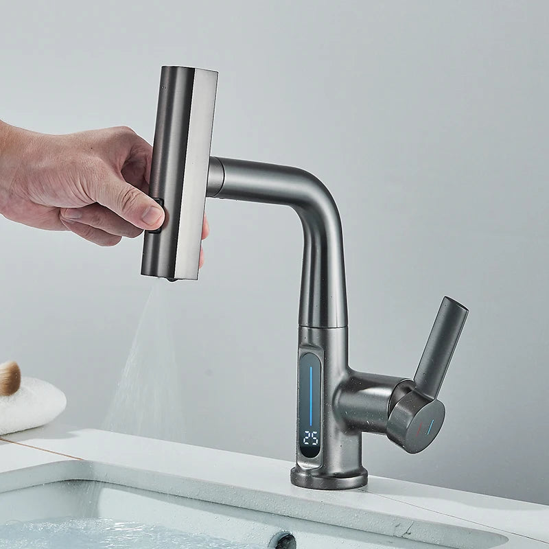 Waterfall Temperature Digital Display Basin Faucet Lift Up Down Stream Sprayer Hot Cold Water Sink Mixer Wash Tap For Bathroom