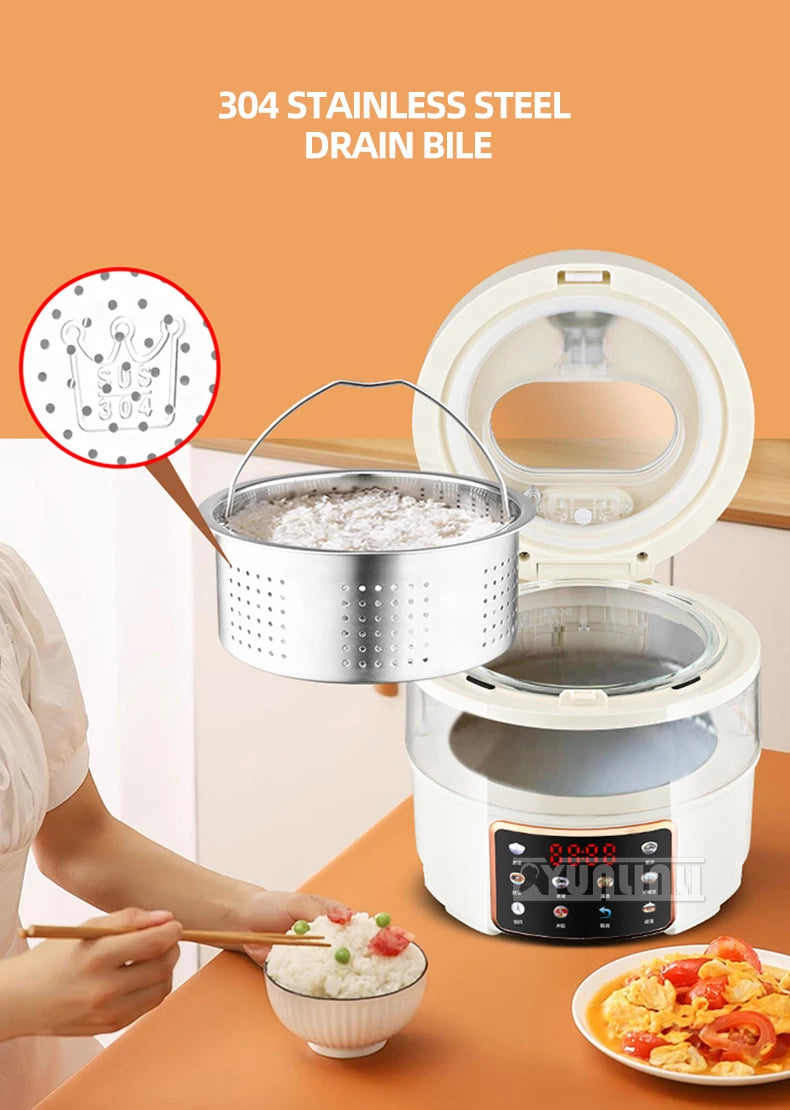 Open visual glass rice cooker with perforated stainless pot and drain bile section
