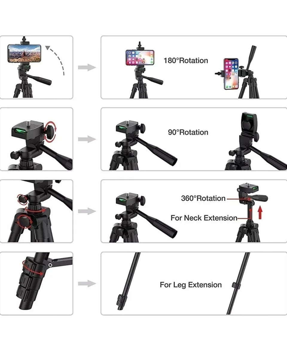 Black aluminum phone tripod demonstrating 180-degree rotation, 360-degree head movement, and extendable neck and legs.