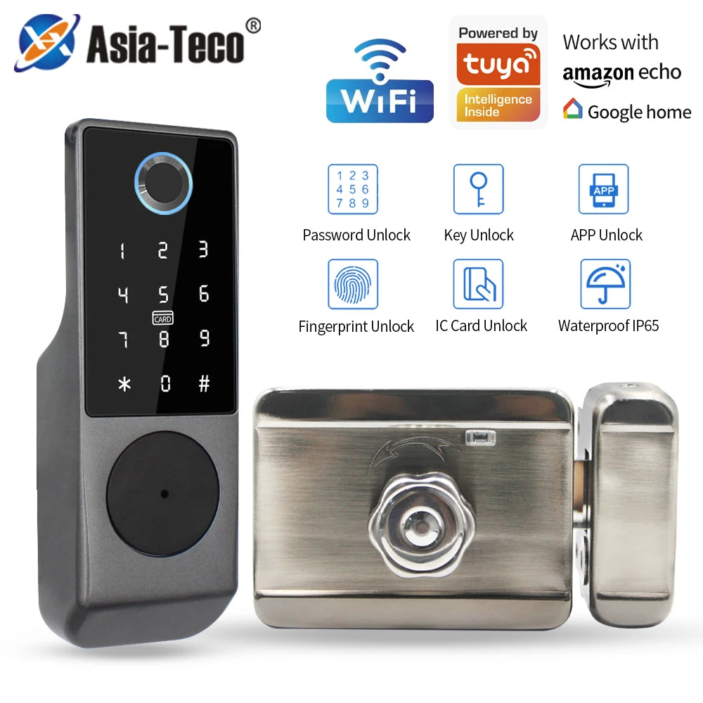 Waterproof Tuya Smart Double Side Fingerprint Lock Keyless Entry Motor Rim Door Lock 2.4G Wifi Remote Control with Alexa Echo