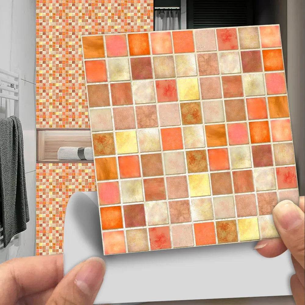 10pcs/set 10/15/20/30cm Flat Orange Marble Mosaic Hard Tiles Wall Sticker Kitchen Bathroom Home Decor Wallpaper PVC Art Mural