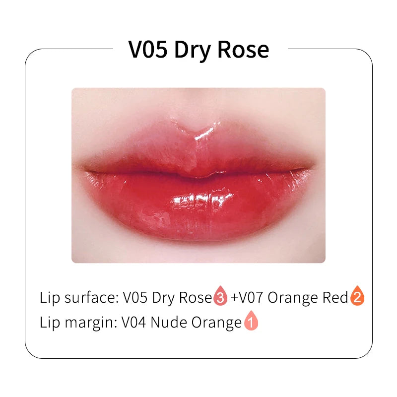 Glossy dry rose lipstick on lips, showing a blend of dry rose, orange-red, and nude orange shades.