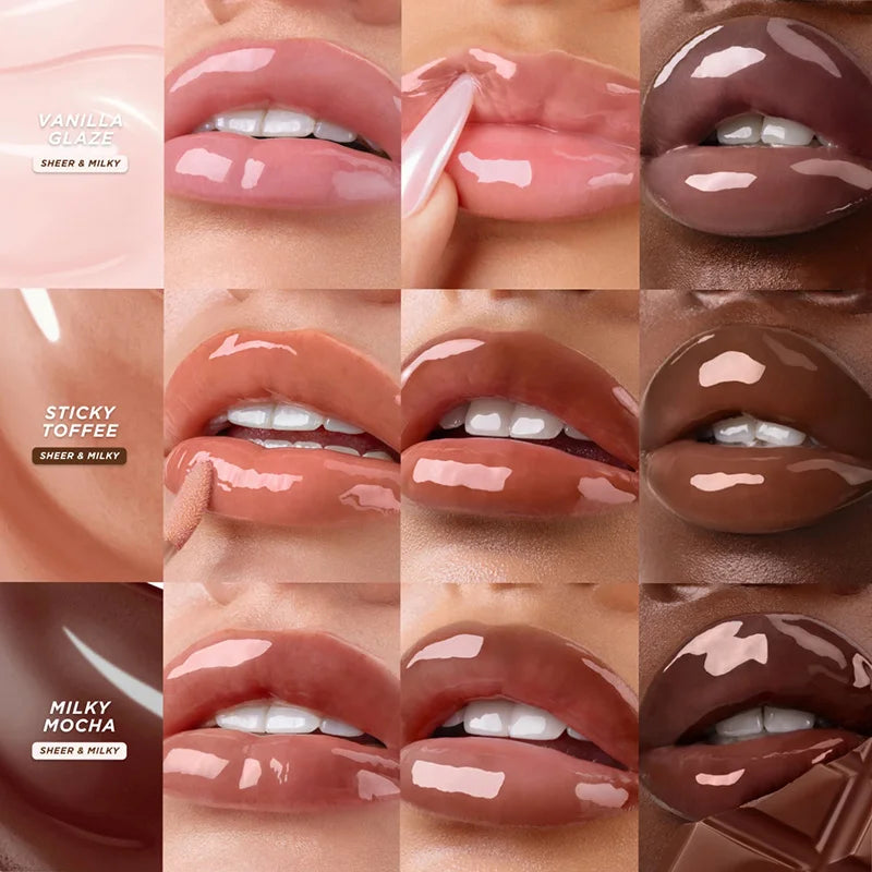 Gisou lip oil gloss in Glazed Plum, Vanilla Glaze, Toffee, and Mocha. Shiny, plumping lip makeup with a milky finish.
