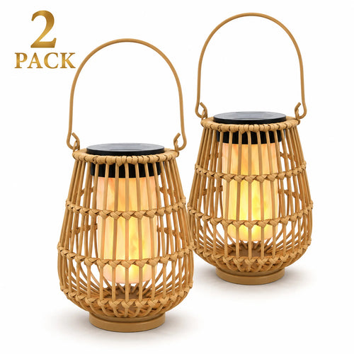 2-pack warm-white solar hanging rattan lanterns with black top and arched handle