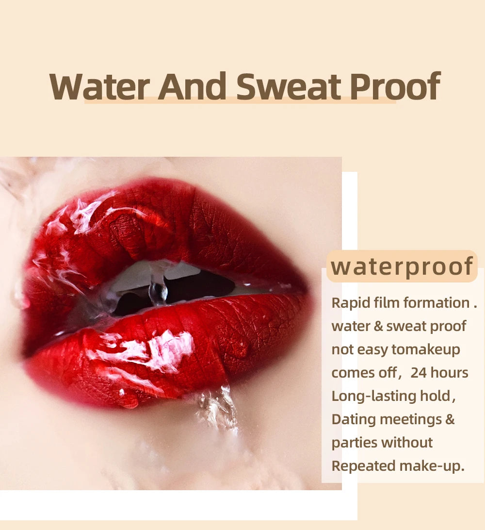 QIBEST sexy red matte liquid lipstick with long-lasting, waterproof, and velvet finish on lips.