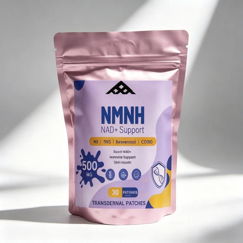 NMNH NAD+ anti-aging supplement transdermal patches, 500mg, in a minimalist pink stand-up pouch packaging.