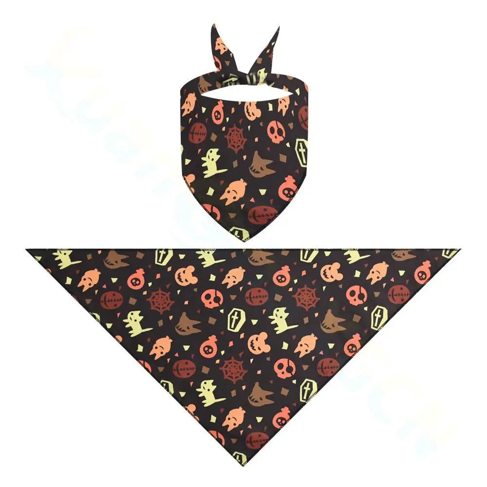 Black Halloween dog and cat bandana with pumpkin, bat, and skull print for festive pet costume and party decoration.