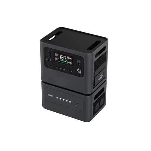 Stacked matte black Aferiy 2048Wh solar generator units with digital display, various ports, and integrated handles.