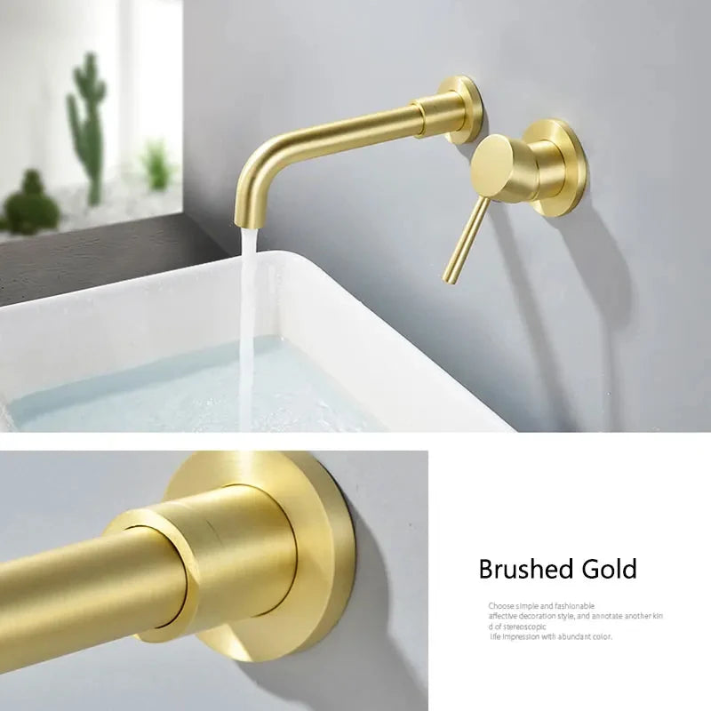 Wall Mounted Basin Mixer Tap, Single Lever Hot Cold Concealed Bathroom Sink Faucet, 2-Piece Wall Mount Brass Vanity Tap with Long Spout, Modern Minimalist G1/2 EU Standard for Bathroom Renovation