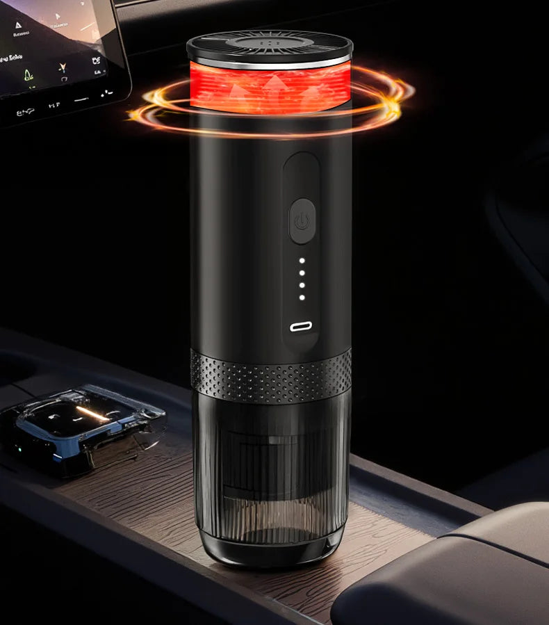 Black portable electric car coffee maker with heating element, USB-C charging, and sleek compact design.