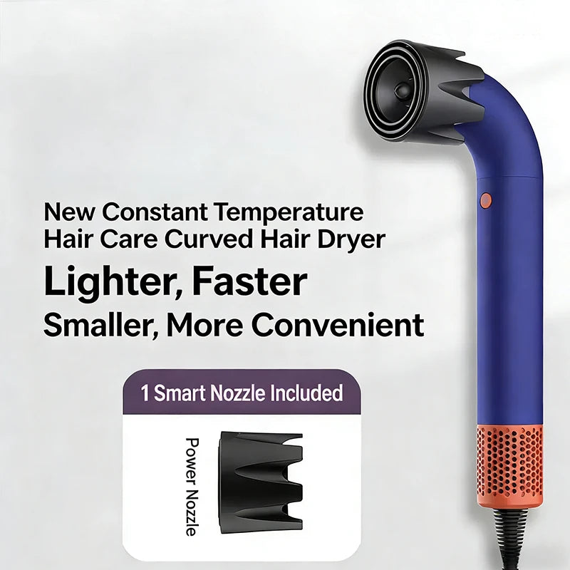 Blue curved high-speed hair dryer with smart power nozzle for quick, professional styling and constant temperature.