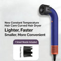 Blue curved high-speed hair dryer with smart power nozzle for quick, professional styling and constant temperature.